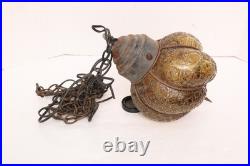 VTG MCM Bubble Amber Crackle Glass Shade Swag Lamp Caged Pendant Light Murano