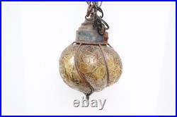 VTG MCM Bubble Amber Crackle Glass Shade Swag Lamp Caged Pendant Light Murano
