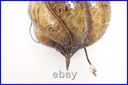 VTG MCM Bubble Amber Crackle Glass Shade Swag Lamp Caged Pendant Light Murano