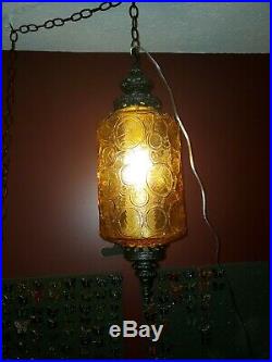 VTG MCM Glass Hanging Amber Light Swag Lamp Globe Diffuser Retro Circles Rewired
