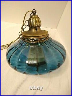 VTG MCM Glass Hanging COBALT Blue Saucer Light Swag Lamp Retro Diffuser Plug-in