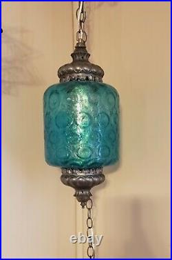 VTG MCM Glass Hanging TURQUOISE Blue Light Swag Lamp Dot Diffuser Retro