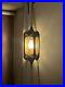 VTG MCM Gothic Spanish Revival Hanging Swag Lamp Brass Hexagon Amber Glass