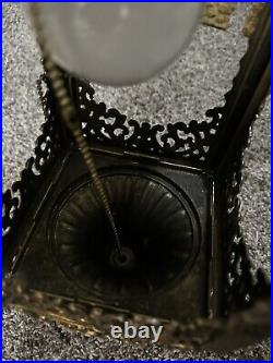 VTG MCM Gothic Spanish Revival Hanging Swag Lamp Brass Hexagon Amber Glass