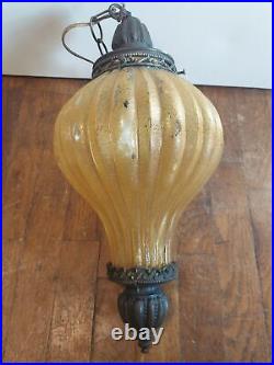 VTG MCM Hollywood Regency Amber texture Colored Glass Hanging Globe Swag Lamp