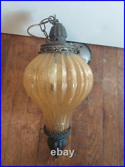 VTG MCM Hollywood Regency Amber texture Colored Glass Hanging Globe Swag Lamp