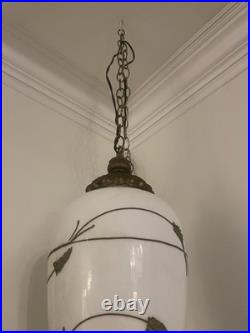 VTG MCM Hollywood Regency Swag Lamp White WithMetal Leaves & Vines 22 Plug In