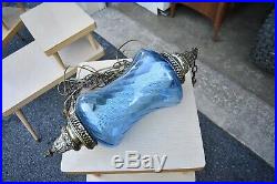 VTG MCM blue glass 50's 60's swag hanging lamp retro atomic style