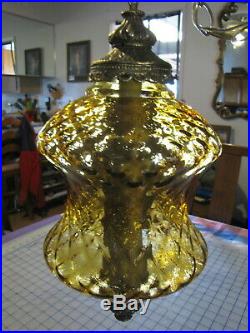 VTG Mcm Retro Gothic Spanish/Tudor Hanging Swag Light/Lamp Amber Glass 21
