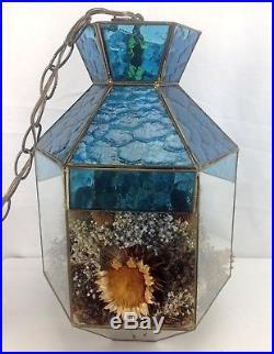 VTG Mid Century Blue Glass Brass Swag Light Hanging Floral Plant Terrarium Lamp