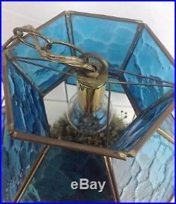 VTG Mid Century Blue Glass Brass Swag Light Hanging Floral Plant Terrarium Lamp