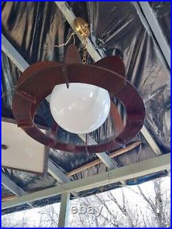VTG Mid Century Danish Style Atomic Hanging Pendant Lamp Wood Milk Glass Shade