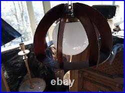VTG Mid Century Danish Style Atomic Hanging Pendant Lamp Wood Milk Glass Shade