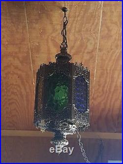 VTG Mid Century Gothic Hanging Swag Light/Lamp, Medieval, glass panels