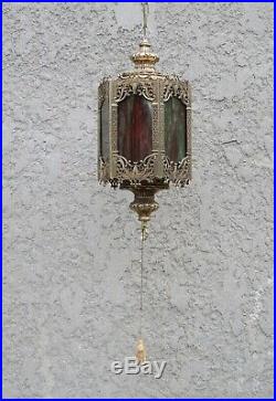 VTG Mid Century Gothic Spanish/Tudor Brass Hanging Swag Light/Lamp Stained Glass