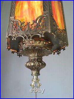 VTG Mid Century Gothic Spanish/Tudor Brass Hanging Swag Light/Lamp Stained Glass