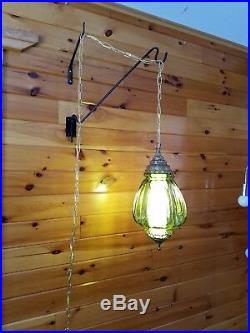 VTG Mid Century Gothic Spanish/Tudor Hanging Swag Light/Lamp Green Glass