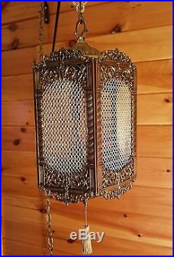 VTG Mid Century Gothic Spanish/Tudor Hanging Swag Light/Lamp, Medieval Panels