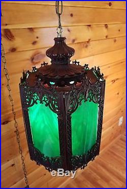 VTG Mid Century Gothic Spanish/Tudor Hanging Swag Light/Lamp, Medieval Panels