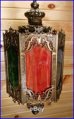 VTG Mid Century Gothic Spanish/Tudor Hanging Swag Light/Lamp Stained Glass