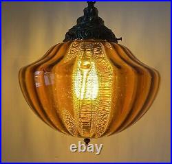 VTG Mid Century LARGE Hanging Swag Lamp Light Amber Glass with Light Diffuser
