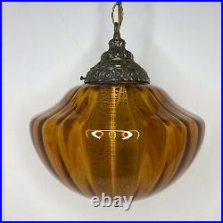 VTG Mid Century LARGE Hanging Swag Lamp Light Amber Glass with Light Diffuser