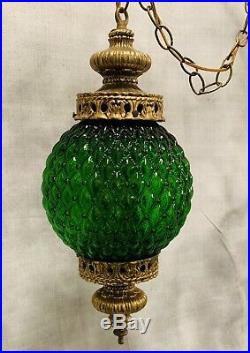 VTG Mid-Century Large Green Glass Hanging Swag Lamp Light Fixture w Diffuser