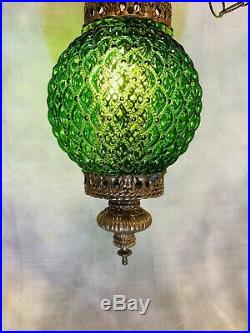 VTG Mid-Century Large Green Glass Hanging Swag Lamp Light Fixture w Diffuser