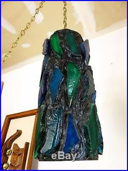 VTG Mid Century MOD BLUE CHUNKY SLAG GLASS SWAG LAMP Hanging CEILING Lucite NR