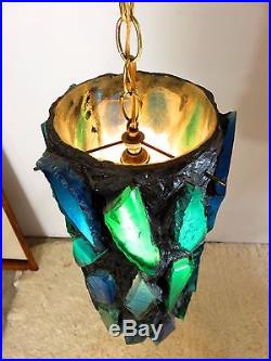 VTG Mid Century MOD BLUE CHUNKY SLAG GLASS SWAG LAMP Hanging CEILING Lucite NR
