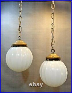 VTG Mid Century Modern 2 White Glass Globe Hanging Ceiling Light Lamp 1960's
