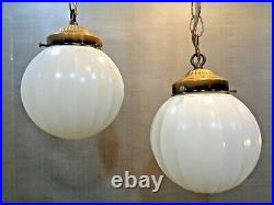VTG Mid Century Modern 2 White Glass Globe Hanging Ceiling Light Lamp 1960's