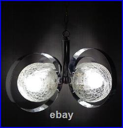 VTG Mid Century Modern Atomic Crackle Glass Chrome Hanging Swag Lamp Chandelier
