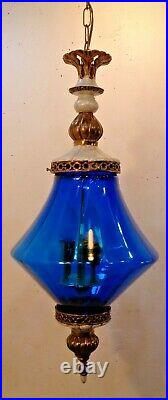 VTG Mid Century Modern Hollywood Regency Blue Diamond Hanging Swag Lamp 1960's