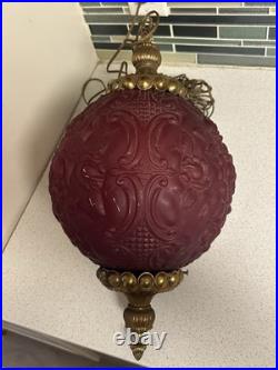 VTG Mid Century Modern Large Red Floral Glass Hanging Swag Lamp Retro 1960's