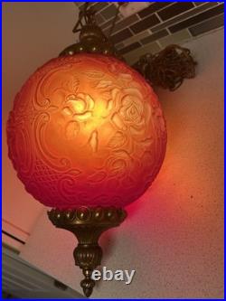 VTG Mid Century Modern Large Red Floral Glass Hanging Swag Lamp Retro 1960's