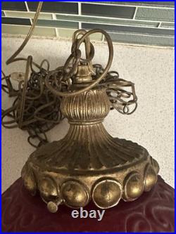 VTG Mid Century Modern Large Red Floral Glass Hanging Swag Lamp Retro 1960's