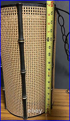 VTG Mid Century Rattan & Bamboo Hanging Swag Pendant Light Fixture Drum Shaped
