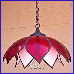 VTG Mid Century Ruby Red & White Stained Glass Tulip Hanging Light Fixture Lamp