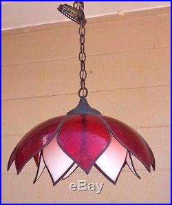 VTG Mid Century Ruby Red & White Stained Glass Tulip Hanging Light Fixture Lamp