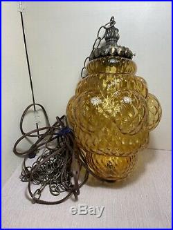 VTG Mid Century or Danish Modern Amber Optic Glass Swag Lamp Light 11' chain