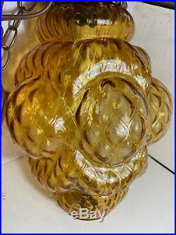 VTG Mid Century or Danish Modern Amber Optic Glass Swag Lamp Light 11' chain