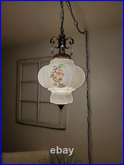 VTG Opalescent Swag Light Flower Crystals Mid Century Hanging Lamp 2 AVAILABLE