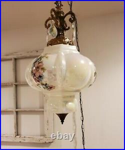 VTG Opalescent Swag Light Flower Crystals Mid Century Hanging Lamp 2 AVAILABLE