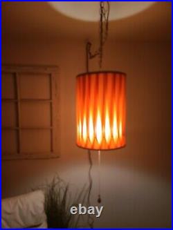 VTG Orange Pleated Drum Shade Swag Lamp Barrel Hanging Light Mid Century Plug In