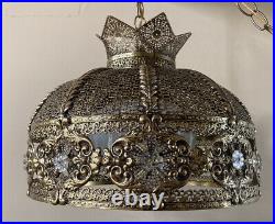 VTG Ornate Filigree Hanging Swag Lamp Light Fixture Jeweled Brass Tone