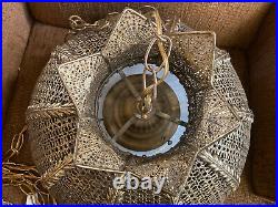 VTG Ornate Filigree Hanging Swag Lamp Light Fixture Jeweled Brass Tone