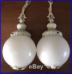 VTG Pair Double Swag Hanging Glass Globe Ceiling Fixture Lamps Art Deco Lights