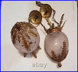 VTG Pair Mid-Century Glass & Metal Swag French Provincial Made In Spain ORNATE