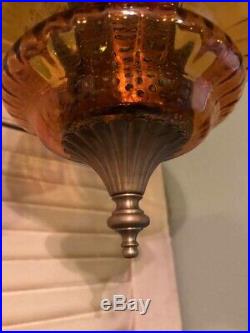 VTG RETRO MID-CENTURY 16x9 AMBER GLASS HANGING SWAG LIGHT/LAMP WORKS